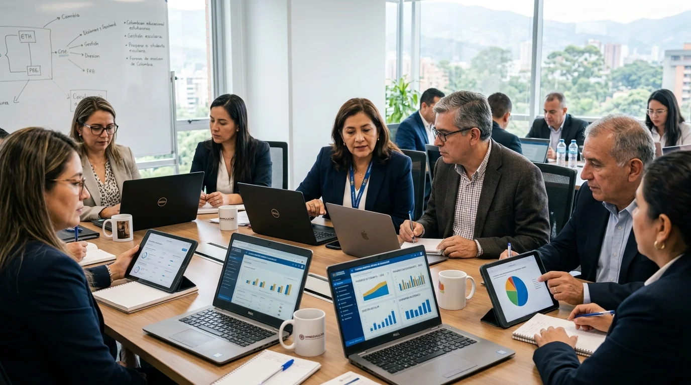 Directivos evaluando opciones de software para colegios en una reunión