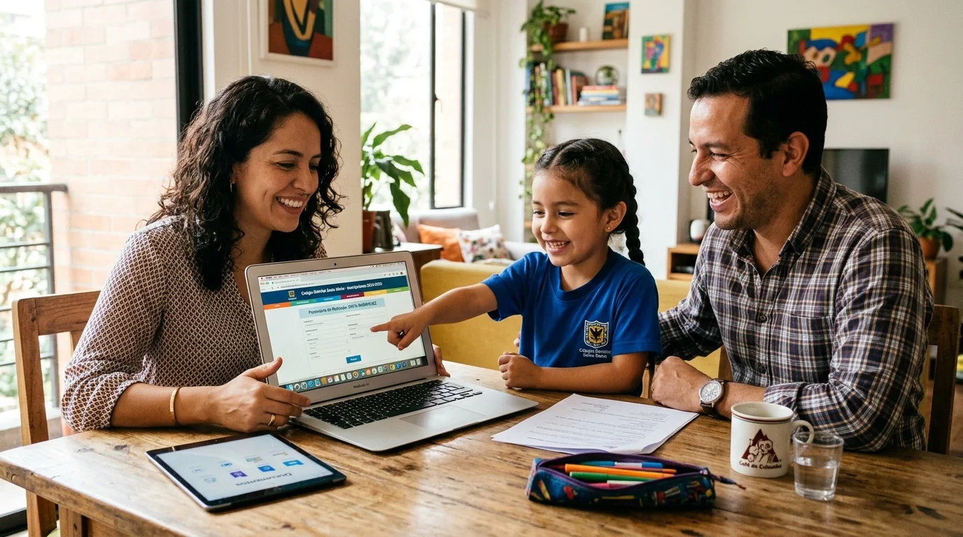 Familia realizando la matrícula virtual del colegio desde su casa