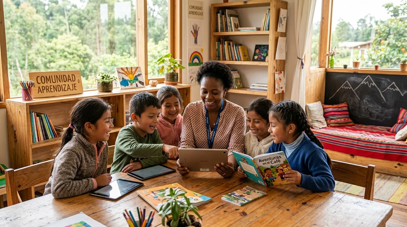 Grupo pequeño de estudiantes aprendiendo en una microschool en Colombia