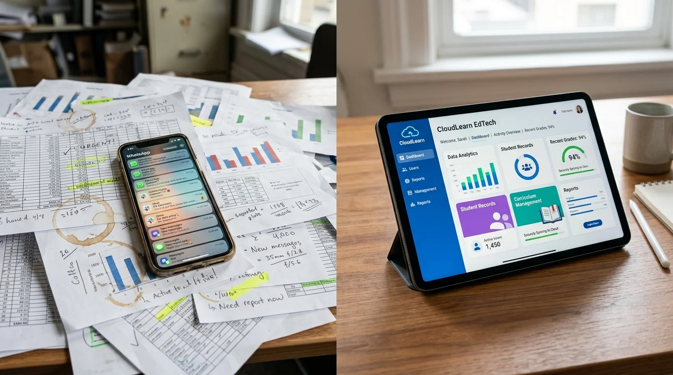 Comparación entre gestión escolar con planillas y chat frente a un software escolar integral